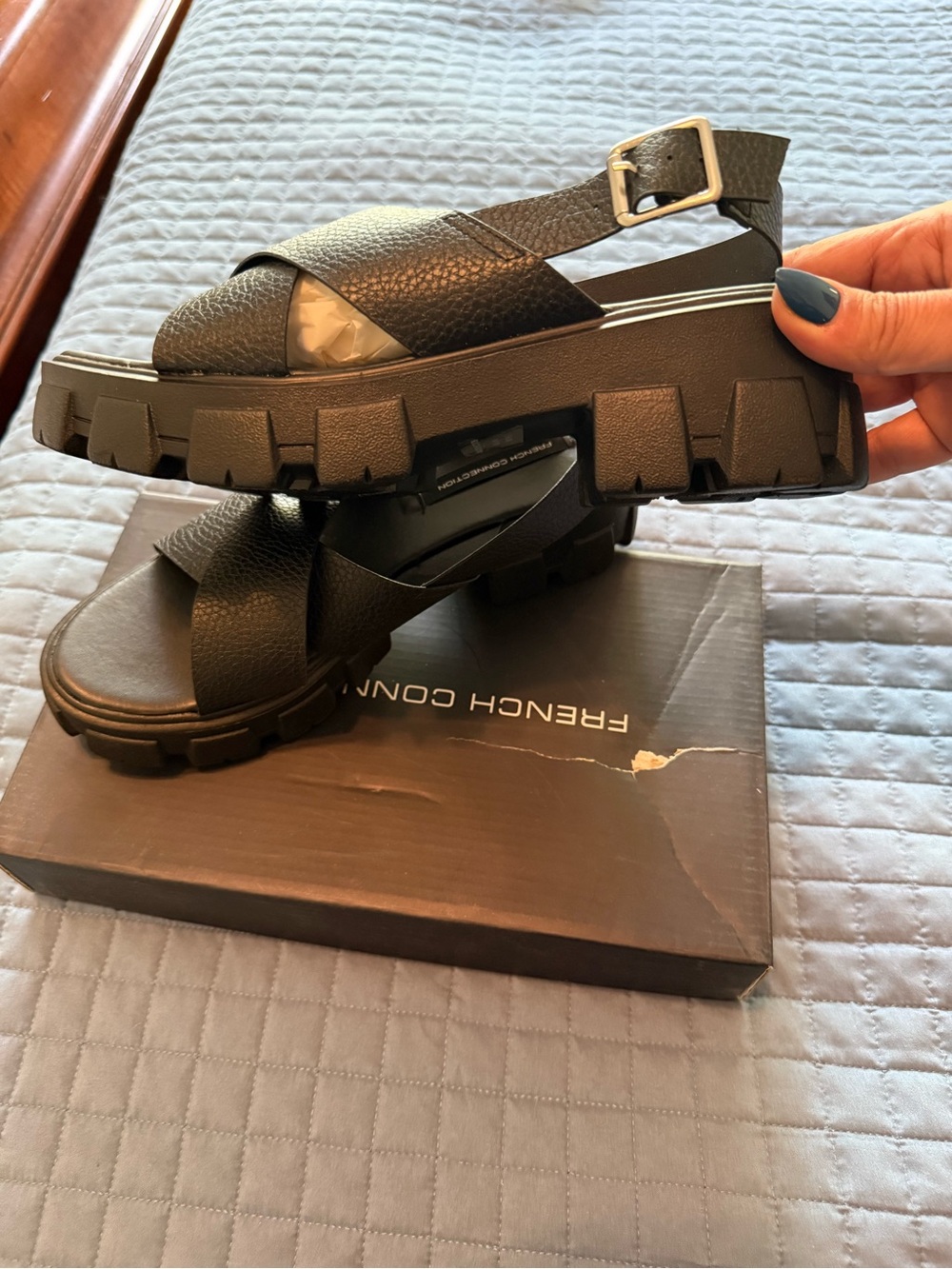 French Connection Black Cross-Strap Lug Sandals